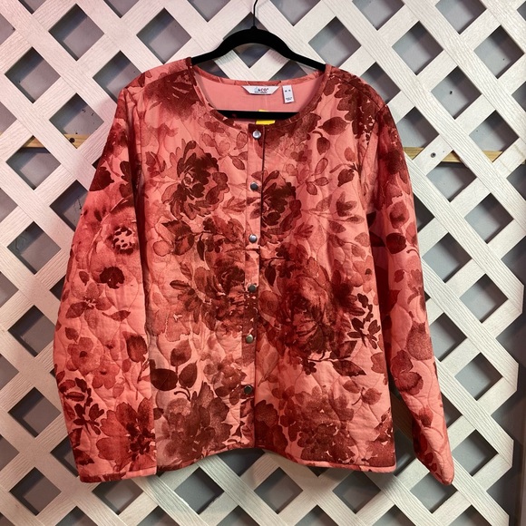 Denim & Co Cotton Quilted Jacket Button Front Rose Floral XL - Picture 2 of 5